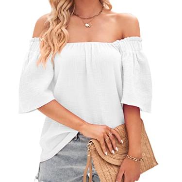 Imagem de Camiseta feminina de manga curta de um ombro só pulôver blusa de verão blusas sólidas camisas, branca, GG (busto: 112 cm)