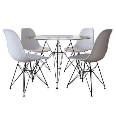 Imagem de Mesa de Jantar com 4 Cadeiras Brancas Eames Eiffel Tampo Vidro Redondo 90cm Base de Ferro Preto