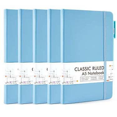 Imagem de feela Pacote com 5 cadernos a granel, diários pautados clássicos de capa dura com suporte de caneta para mulheres, meninas, material escolar, com 5 canetas pretas, 120 g/m2, 13 x 21 cm, A5, azul