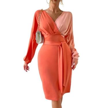 Imagem de Camisa Feminina Two Tone Surplice Neck Lantern Sleeve Belted Dress (Color : Multicolor, Size : XL)