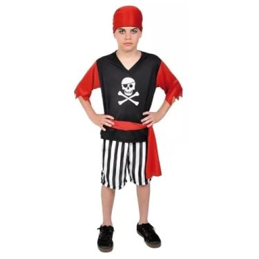 Imagem de Fantasia de Pirata Infantil Roupa de Pirata Jack Camiseta Bermuda Faixa e Bandana (G 7/9 anos)