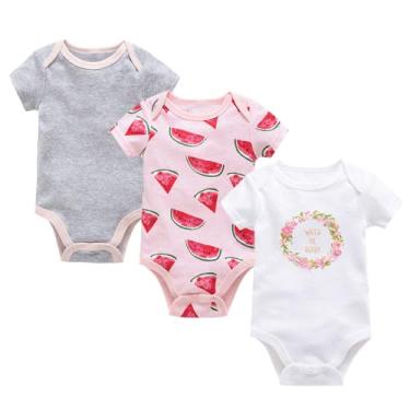 Imagem de Katutude Pacote com 3 bodies para bebês de manga curta camiseta macia respirável de algodão peça única para bebê 0-3 meses, Melancia (pacote com 3), 6-9 Months
