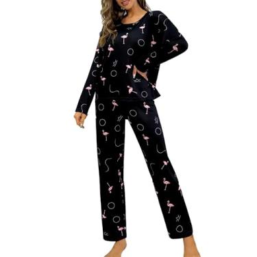 Imagem de XULEN Conjunto de pijama feminino, 2 peças, confortável, com estampa de flamingo, conjunto de pijama de manga comprida, Preto, vermelho, M