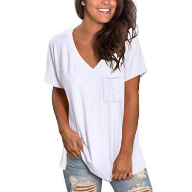 Imagem de TODOLOR Camisetas femininas de manga curta e gola V solta, camisetas básicas de verão, túnica com bolso, Branco, G