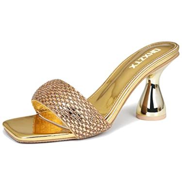 Imagem de OHXZTX Sandálias femininas de salto quadrado com strass e bico aberto, salto grosso, mules modernas, sexy, frente única, salto alto, chinelos, Dourado, 6.5