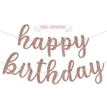 Imagem de Banner de aniversário pré-amarrado – Não faça você mesmo – Banner de aniversário com glitter dourado rosa em escrita – Guirlanda pré-amarrada em fios de 1,8 m – Decorações e decoração de festa de aniversário em ouro rosa.