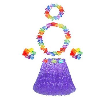 Imagem de Saia havaiana de grama hula havaiana para meninas com conjunto de fantasia de flor para festa de luau, kit de acessórios para dançar, roxo