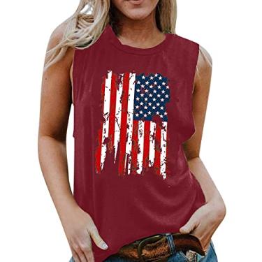 Imagem de Camiseta regata feminina de 4 de julho para o Dia Independente, camiseta estampada com bandeira dos EUA, roupas de treino de verão, Vinho, XXG