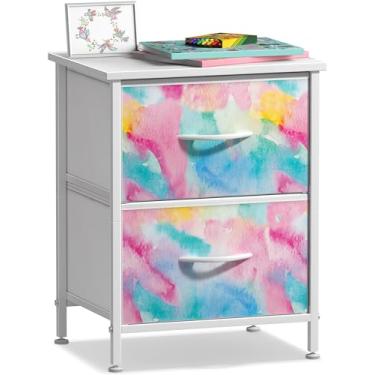 Imagem de Sorbus Cômoda infantil com 2 gavetas – organizador de caixa de cabeceira – estrutura de aço, tampo de madeira, caixas de tecido tie-dye para roupas – móveis largos para quarto, corredor, berçário,