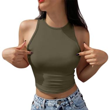 Imagem de Regatas de verão para mulheres gola redonda cor sólida camiseta slim fit cropped sem mangas camisa para sair, Bronze, 3G