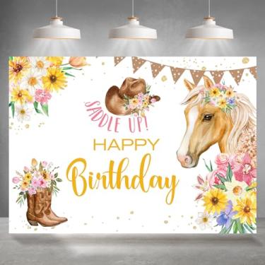 Imagem de Rsuuinu 2,1 x 1,5 m, pano de fundo de feliz aniversário, sela ocidental, cavalo, girassóis, chapéu floral, botas de fotografia para meninas, artigos de decoração de festa de aniversário, banner, mesa