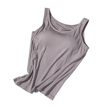 Imagem de Regatas femininas com sutiã embutido acolchoado alça larga camiseta verão básica lisa ioga atlética casual colete elástico, Cinza escuro, XXG