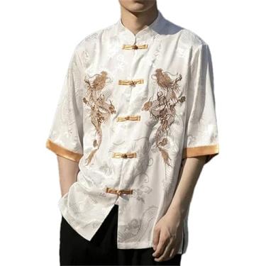 Imagem de Vestido tradicional chinês de verão bordado dragão camisa masculina roupas gelo seda manga curta tops vintage, Branco, XXG