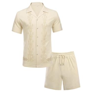 Imagem de Daupanzees Conjunto masculino de 2 peças de camisa de praia Guayabera com botões e shorts, conjuntos casuais bordados cubanos, Caqui, XXG