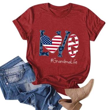 Imagem de Camisetas femininas com bandeira americana, manga curta, estampa Love Grandma Life, Dia da Independência, patriótico, casual, caimento solto, Vermelho, GG
