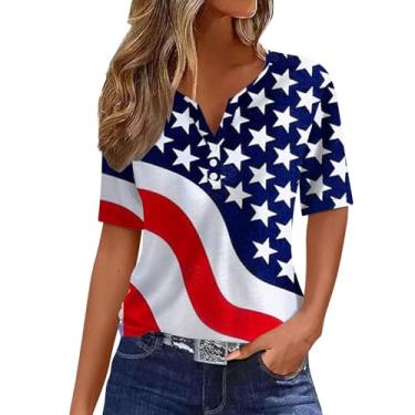 Imagem de Camisetas femininas de julho 4 estrelas listradas, túnica, botão, gola V, blusas confortáveis para o verão do Dia da Independência 2024, Azul escuro, GG