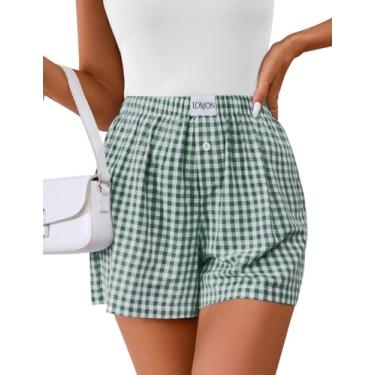 Imagem de LOMON Short boxer feminino casual verão algodão pijama lounge pijama pijama xadrez xadrez Y2K calcinha praia, Xadrez verde e branco, G