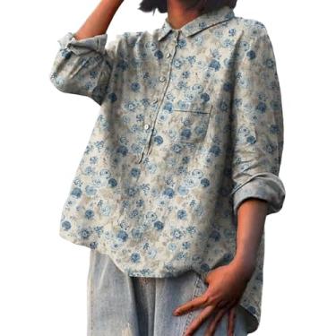 Imagem de Camiseta feminina com estampa floral e gola de lapela de algodão e linho, manga comprida, caimento solto, Cinza, M