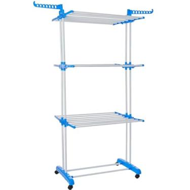 Imagem de Varal Roupas 3 Andares Aluminio Dobrável Retratil Compacto 4 Rodas Apartamento Chão Rodinhas com Trava