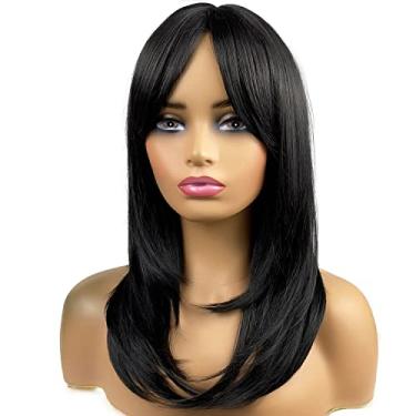 Imagem de Perucas pretas longas para mulheres, perucas pretas com franja em camadas comprimento do ombro peruca sintética para festa diária (50,8 cm)