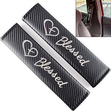 Imagem de FLAGSP 2 peças capas de cinto de segurança ombreiras para cruz abençoada e coração cristão, logotipo bordado couro preto almofadas para cinto de segurança almofada de cinto de segurança (Blessed)