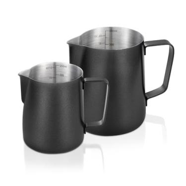 Imagem de Pacote com 2 jarras de espuma de leite preto fosco, 350 ml e 600 ml, copo vaporizador de leite de aço inoxidável, perfeito para arte de café expresso, cappuccino latte
