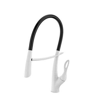 Imagem de Torneira de cozinha de latão branco de luxo com design de toque inteligente, alça única fria e quente, controle duplo, torneira de pia preta extraível, branca