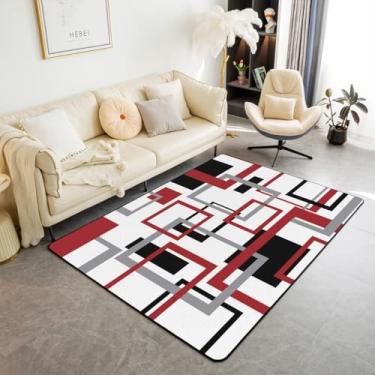 Imagem de Erosebridal Tapete quadrado para quarto, tapete preto branco vermelho, tapete geométrico moderno decoração de sala de estar, grade de meados do século tapetes decorativos para sala de jantar antiderrapante, 5x6'6''