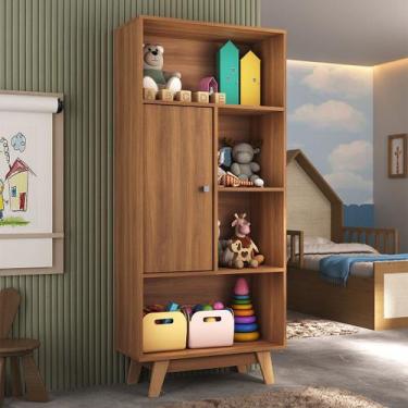 Imagem de Estante para Livros 1 Porta 4 Nichos Nogal - Hecol Móveis, Marrom, Mod