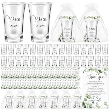 Imagem de Uiifan 100 conjuntos de lembrancinhas de casamento para convidados, copos de shot de plástico transparente acrílico com cartões de agradecimento e bolsas de organza para convidados recém-casados