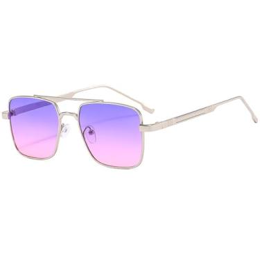 Imagem de Bsreyeop Óculos de sol aviador quadrado pequeno para meninas e meninos clássico aviador militar retrô adequado óculos de rosto pequeno UV400, Armação prateada/lente rosa azul C6, MM