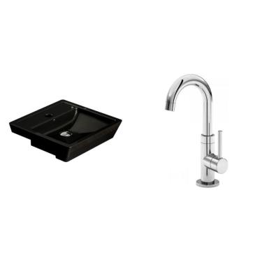 Imagem de Conjunto para Banheiro Cuba de Semi-encaixe Verona 11cmx41cmx41cm e Torneira Bica Móvel 1/4 P61 Japi Preto