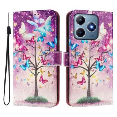 Imagem de Capa carteira para Realme C61 4G, 3 compartimentos para cartão, 1 compartimento para dinheiro, capa flip de couro PU com padrão fofo, capa com fivela magnética à prova de choque, compatível com sem