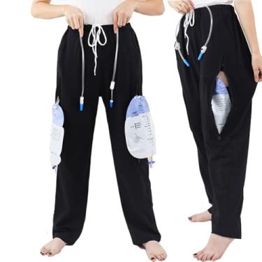 Imagem de WEEOATAR Calça unissex para incontinência adulta, roupas de cateter, bolsa de urina com bolsos duplos para nefrostomia, Foley, cateteres suprapúbicos e biliares (preta, longa, 1 unidade, G)