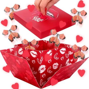 Imagem de Caixa de presente de explosão de borboleta, caixa de presente de coração de amor surpresa explosiva exclusiva DIY com lábio vermelho, caixa de borboletas voadoras do dia dos namorados, caixa vermelha