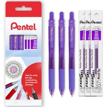 Imagem de Pentel Canetas esferográficas de gel retráteis Energel X BL107 - ponta de 0,7 mm - pacote com 3 + 3 refis - em caixa de presente - tinta violeta