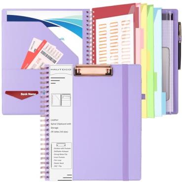 Imagem de HAUTOCO Capa de couro para prancheta com zíper de armazenamento, bloco de notas, porta-cartões de visita, 5 divisórias com 10 bolsos, etiquetas para pasta de arquivo, alça de caneta, alça elástica,