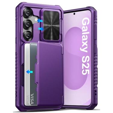 Imagem de ATATOO Capa para Samsung Galaxy S25, suporte de cartão embutido (loja de 3 a 5 cartões) e capa de câmera deslizante e bloqueio RFID, proteção de nível militar, capa de telefone carteira rígida para