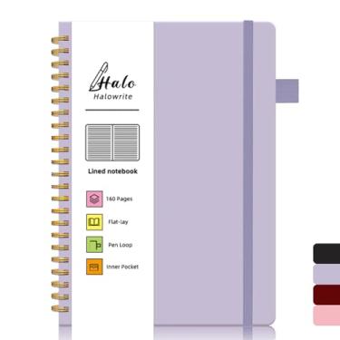 Imagem de Halowrite Caderno espiral, caderno de diário forrado em espiral para mulheres, 15,24 cm x 21,6 cm, diário de capa dura com alça de caneta, bolso, 160 páginas, papel grosso de 100 GSM, roxo