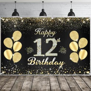 Imagem de JOYKY Banner de feliz aniversário de 12 anos, decorações de festa de aniversário de 12 anos para meninas, decoração de pano de fundo de suprimentos de aniversário de 12 anos, 15 x 9 metros