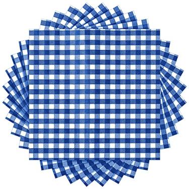 Imagem de Guardanapos de papel xadrez descartáveis de 100 folhas de Gingham de 33 x 33 cm, guardanapos para jantar de família, piquenique, churrasco, ano novo, Natal, festa de aniversário (azul e branco)