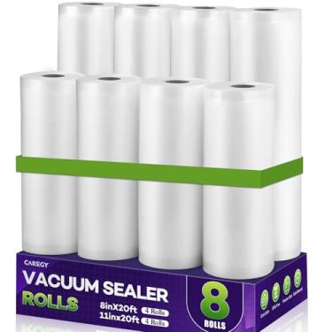Imagem de CAREGY Sacos de rolos seladores a vácuo de alimentos, pacote com 8, 4 rolos de 20 x 50 cm e 4 rolos de 28 x 50 m, sacos de grau comercial sem BPA, sacos de economia de alimentos em relevo para