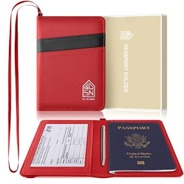 Imagem de ELASND Conjunto de porta-passaporte, passaporte e cartão de vacina, capa de couro ultrafina para passaporte com compartimento para cartão de vacina, carteira de passaporte com cordão de pescoço e bloqueio de RFID, Vermelho, Contemporâneo