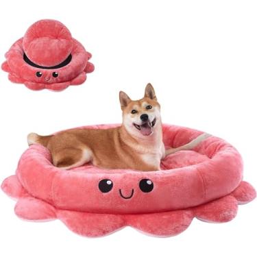 Imagem de Jiupety Lindas camas calmantes para cães grandes e extras, cama de cachorro com formato de polvo, rosa, vermelho, GG, boho, cama redonda para animais de estimação com almofada removível
