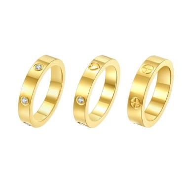 Imagem de FOLOOTY 3 anéis de amizade de amor para mulheres banhado a ouro 18 K aço inoxidável zircônia cúbica aliança de casamento anel de compromisso joias presentes de aniversário, tamanho 6-10, Titânio,