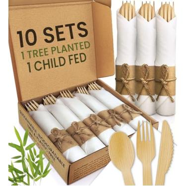 Imagem de EcoPreps Conjunto De Guardanapos Pré-Enrolados Premium E Talheres De Bambu (Pacote Com 10, 40 Peças) 100% Biodegradável, Ecológico, Talheres Descartáveis Embalados - Garfos, Facas, Colheres, Guardan