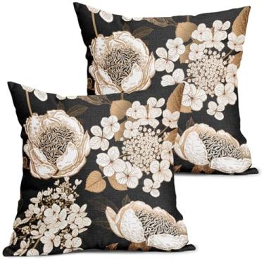 Imagem de Capas de almofada de flores vintage, 45,7 x 45,7 cm, conjunto de 2 fronhas decorativas botânicas com folhas douradas brancas e florais, capa de almofada de linho de algodão preto rústico, decoração de