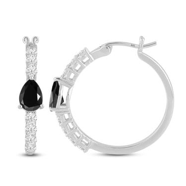Imagem de Jewelili Brincos de argola com placa de prata fina | Zircônia cúbica branca com corte redondo e corte redondo | Argolas para mulheres, argolas redondas brilhantes para mulheres, brincos de argola
