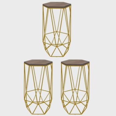 Imagem de Kit 03 Banqueta Alta Liz Hexágono Industrial Para Cozinha Ferro Dourado mdf Rústico - A...