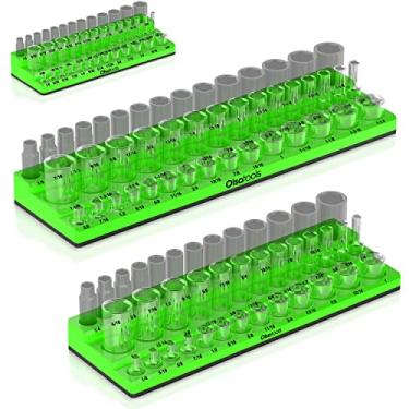 Imagem de Olsa Tools Organizadores de soquete magnético (3 fileiras) - Kit de suporte de soquete de 3 peças - Drive de 1/2", 3/8" e 1/4" - Suportes de soquete de caixa de ferramentas - Verde SAE - Comporta 123 soquetes - Grau profissional - Peça: 1561